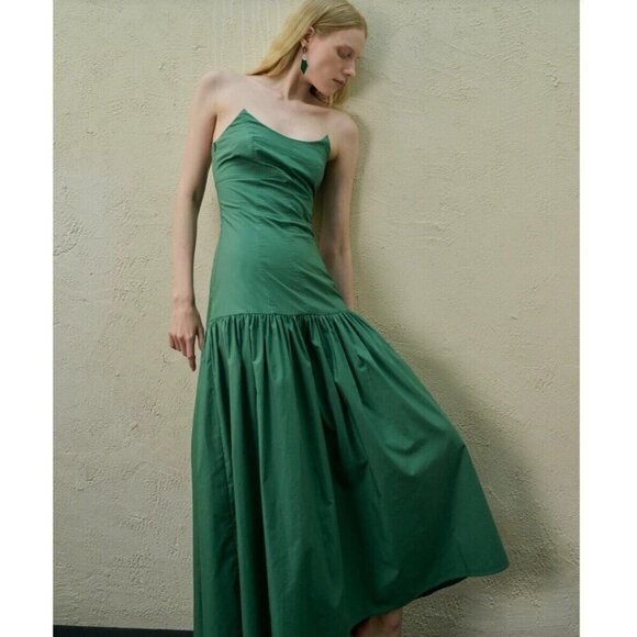 New Ancosti Strapless Maxi Dress Womens Medium Green Cotton Drop Waist - Picture 1 of 11